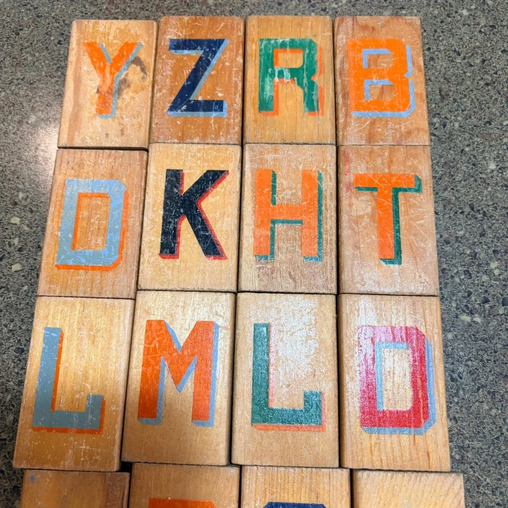 Vintage Style Wooden Alphabet Blocks Letterpress Wood Type Blocks Set of 19